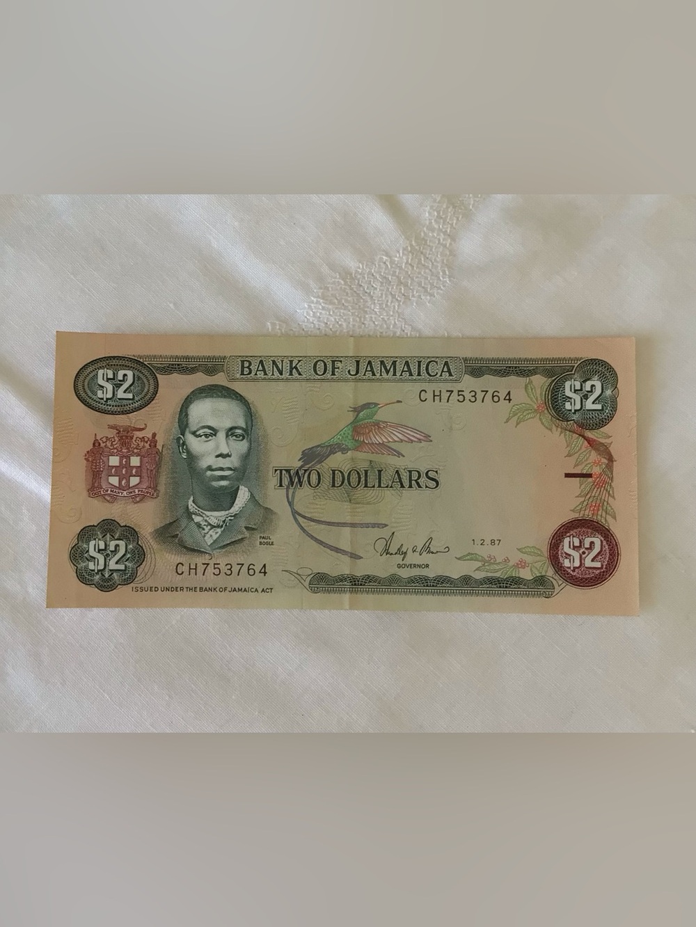 Vintage 1987 Jamaica 2 Dollars Banknote Paul Bogle Hummingbird Paper Money